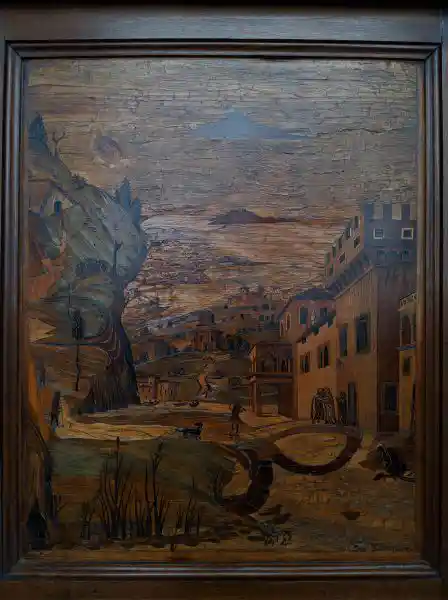Detail of choir stalls, marquetry mosaic art piece of landscape with architectural and natural elements, located in Bode Museum